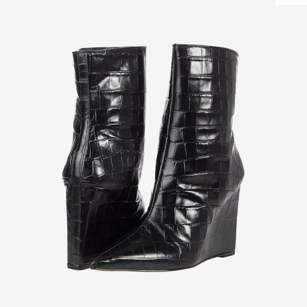 Schutz Asya Black Croc-Embossed Wedge Boots - 7B NWOT